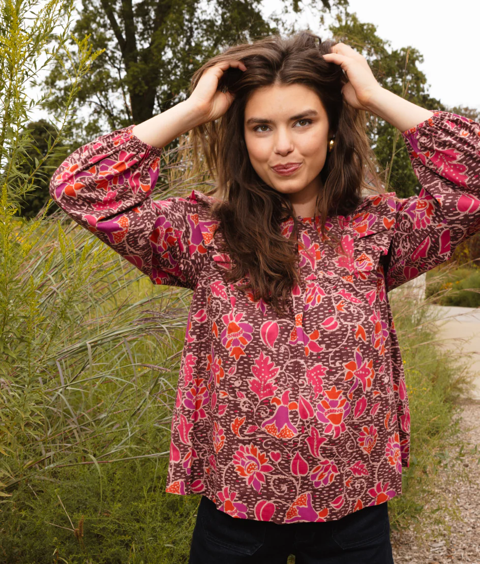 The Countryside Poplin Ruffle Blouse - Vineyard Blooms in Pinot - Image 2