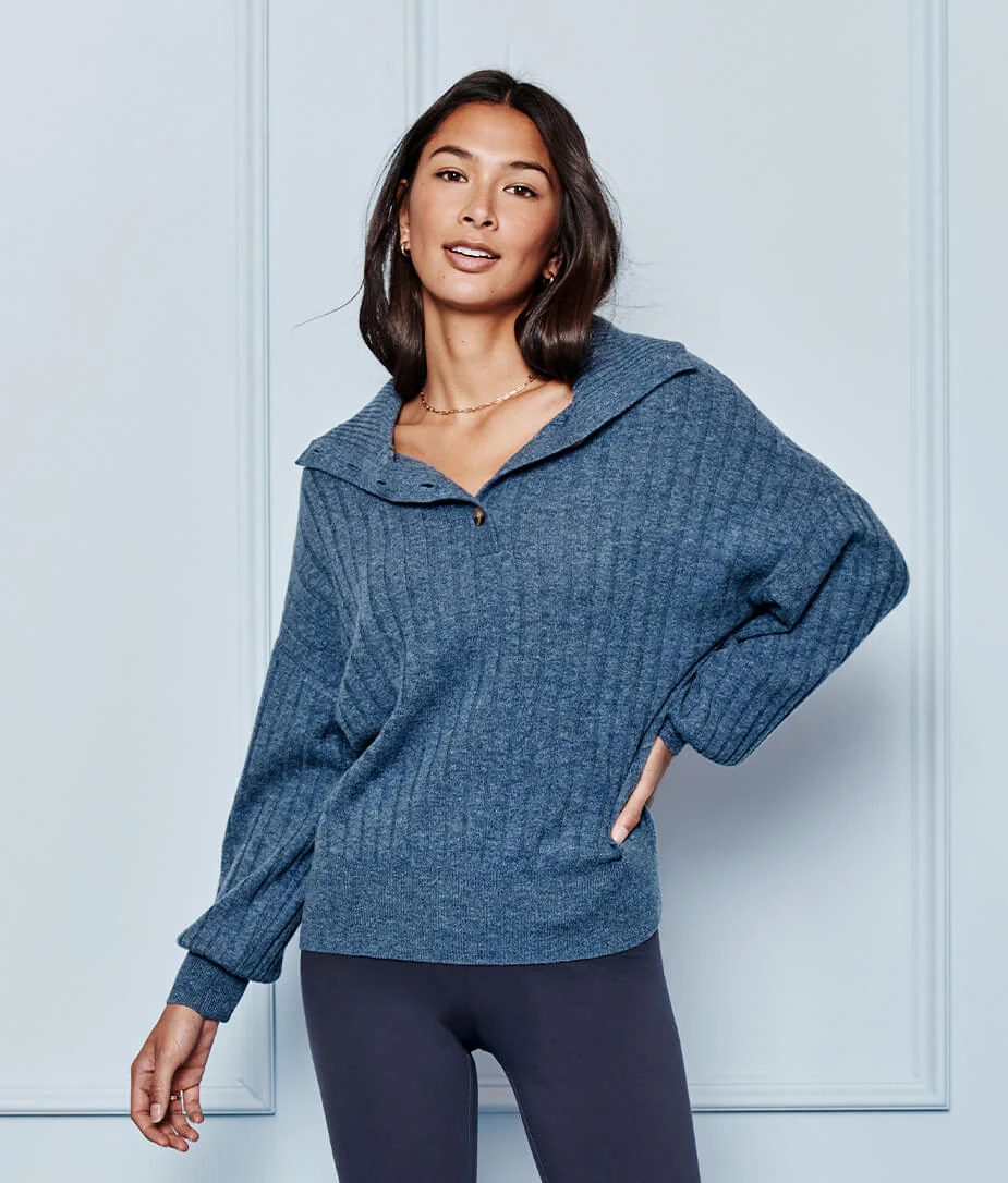 The Coziest Cashmere Blend Ribbed Half-Button Sweater - Steel - Image 3