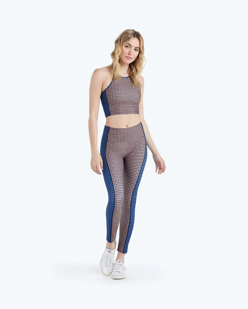 The High Neck Midi Sports Bra Tank - Gingham in Blue Mountain & Toffee - Image 4