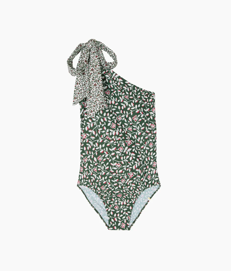 The Long Torso Bow-Shoulder Ruched Sidestroke - Twilight Floral in Olive - Image 4