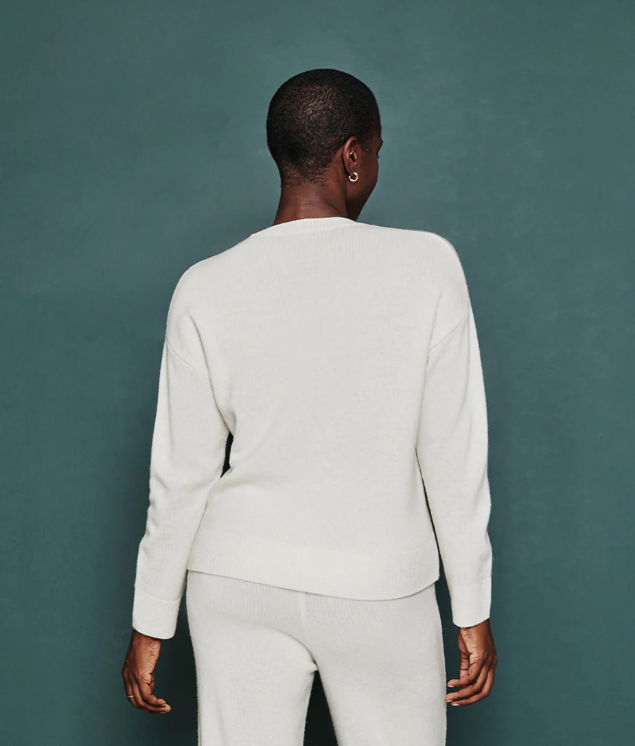 The Luxe Cashmere Blend Button Crewneck - White Sand - Image 2