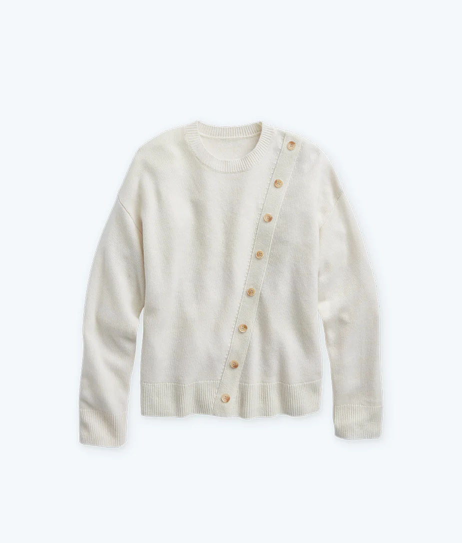 The Luxe Cashmere Blend Button Crewneck - White Sand - Image 3