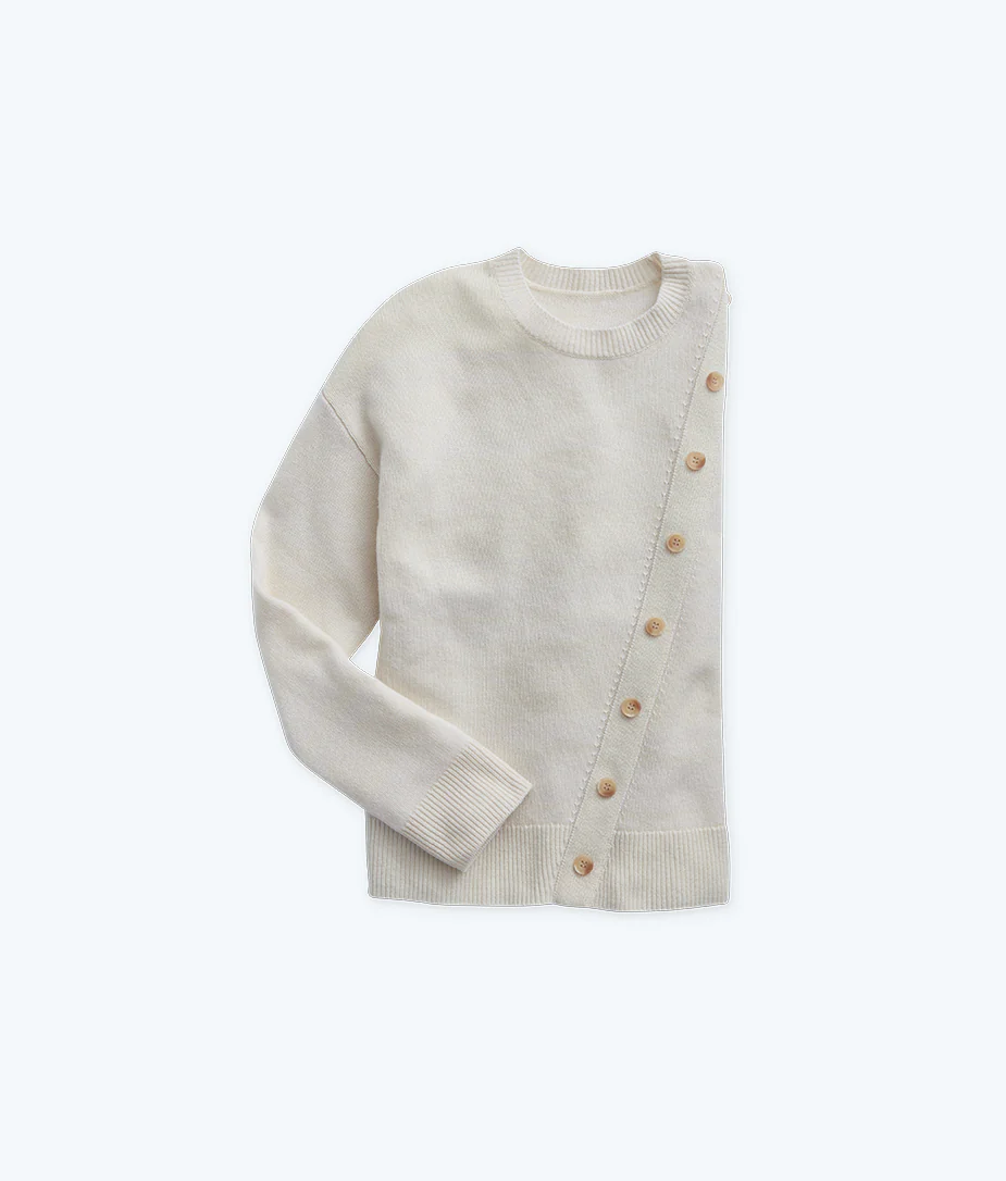 The Luxe Cashmere Blend Button Crewneck - White Sand - Image 4