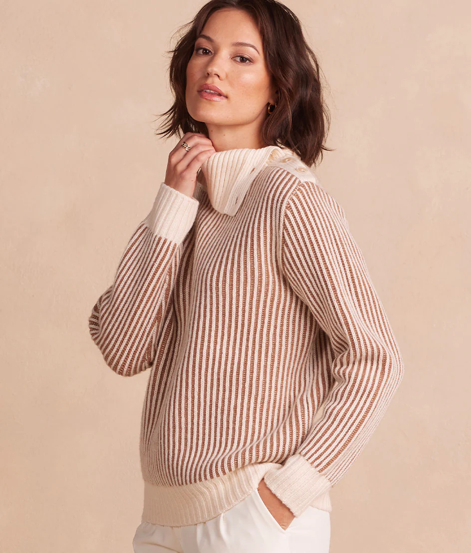 The Luxe Cashmere Blend Two-Tone Button Neck Sweater - Main - Image 3