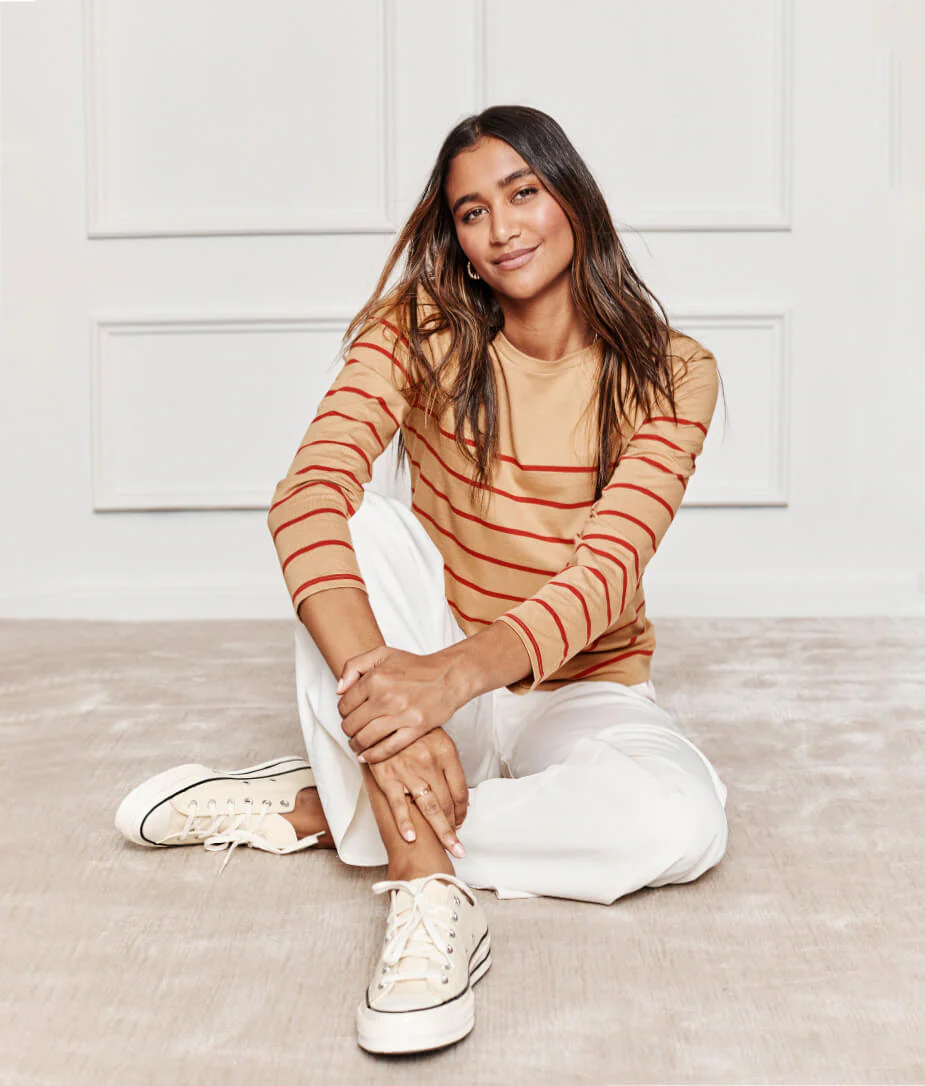 The Luxe Pima Long Sleeve Tee - Toffee & Lava Stripe - Image 4