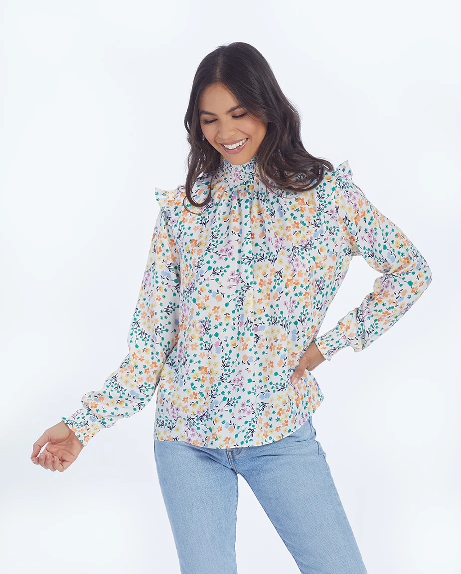 The Silky Mock Neck Blouse - Wildflower Fields in Sunshine & Coral - Image 2