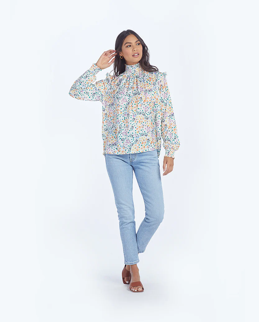 The Silky Mock Neck Blouse - Wildflower Fields in Sunshine & Coral - Image 4