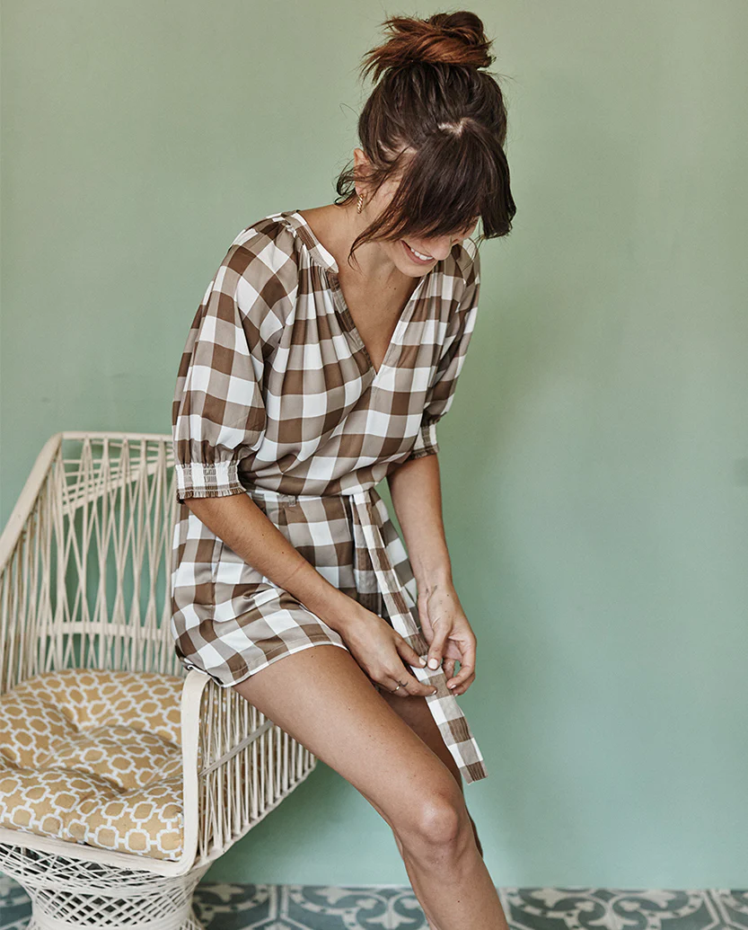 The Silky Paper Bag Short - Gingham in Cafe au Lait - Image 2