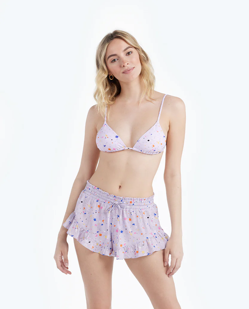 The Silky Ruffle Shorts - Paint Splatter in Lilac - Image 4