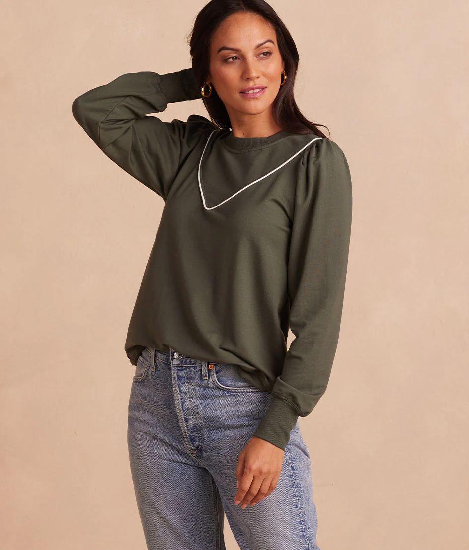 The Softest French Terry Contrast Puff-Sleeve Pullover - Olive & White Sand - Image 2