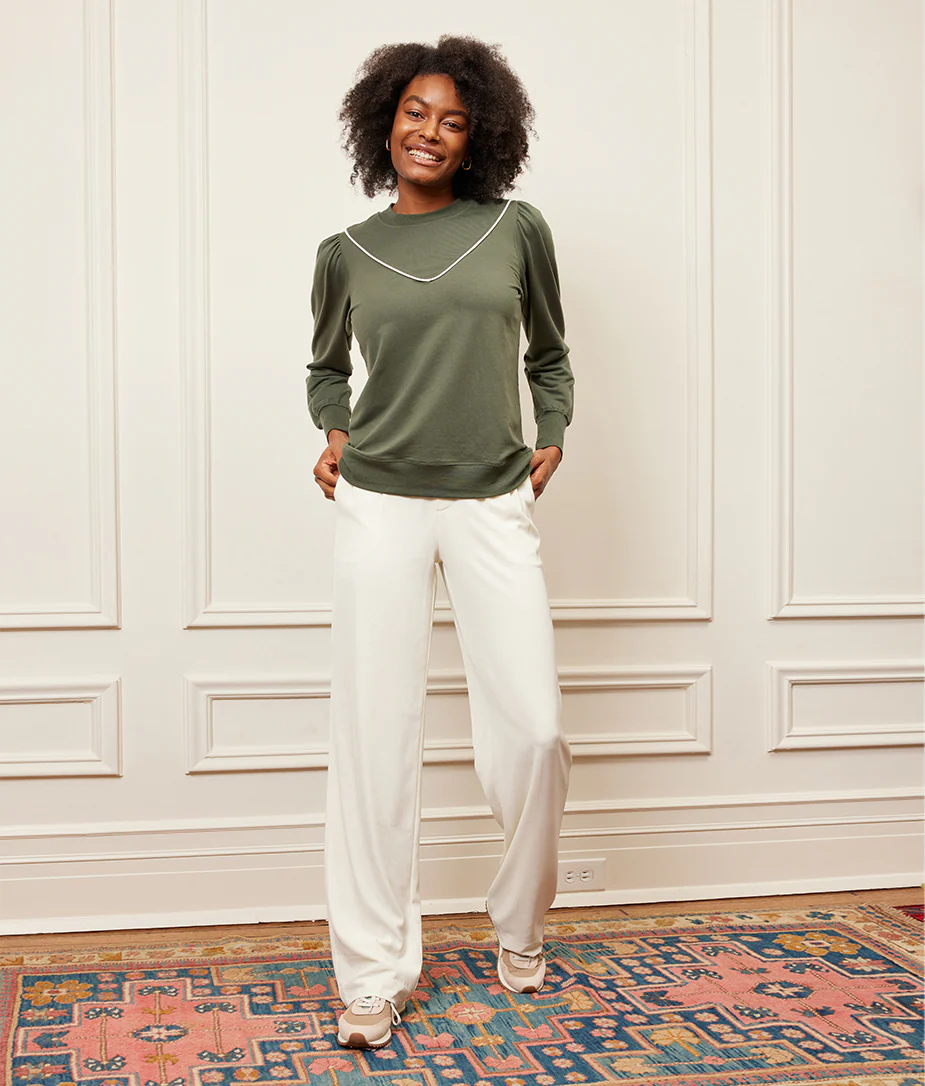 The Softest French Terry Contrast Puff-Sleeve Pullover - Olive & White Sand - Image 5
