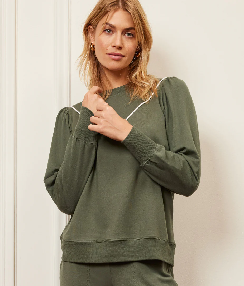 The Softest French Terry Contrast Puff-Sleeve Pullover - Olive & White Sand - Image 6