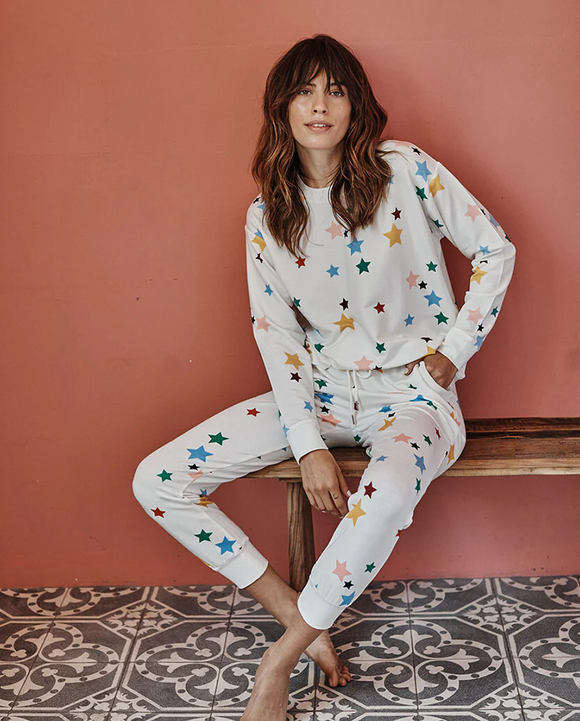 The Softest French Terry Jogger - Scatter Stars in White Sand - Image 2