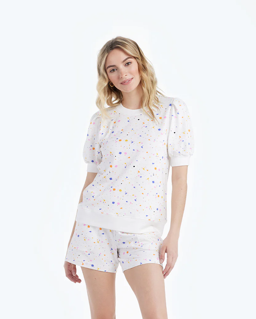 The Softest French Terry Puff Short Sleeve Top - Paint Splatter in White Sand - Image 2